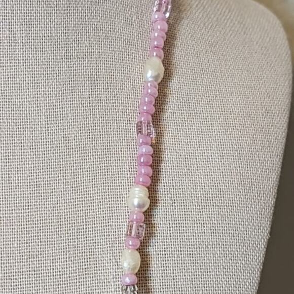 Pink Quartz, Potato Pearls, and Glass Bead Tassel Necklace - Picture 7 of 13